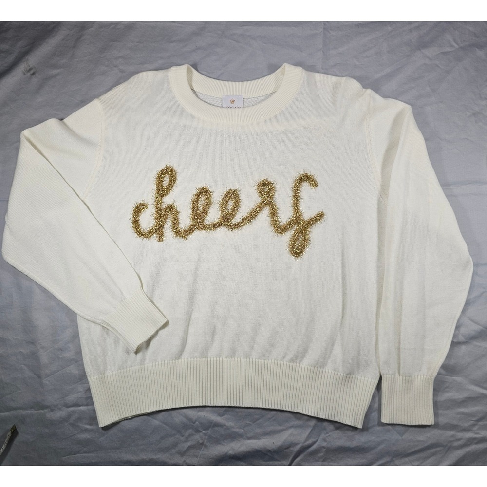 J.Marie Size M White Knit Holiday Sweater Gold Tinsel Cheers Lettering NWT 1524